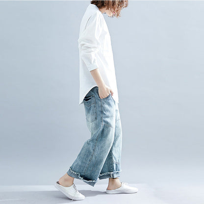 Schickes weißes Leinen-Tunika-Muster Plus Size Wardrobes Langarm-Midi-Frühlingshemden