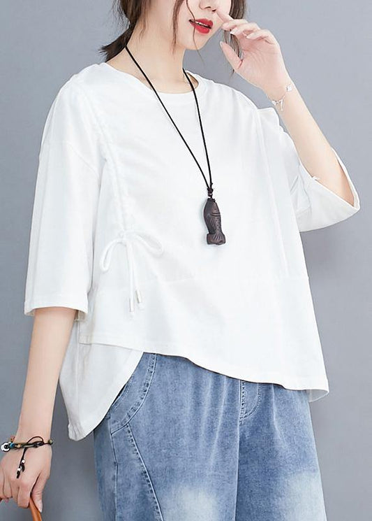 Chic white o neck cotton tunic top off the shoulder daily summer shirt - SooLinen