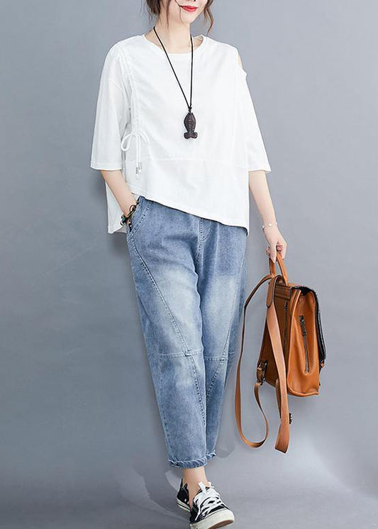 Chic white o neck cotton tunic top off the shoulder daily summer shirt - SooLinen