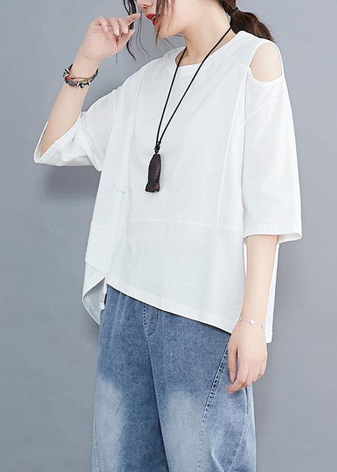 Chic white o neck cotton tunic top off the shoulder daily summer shirt - SooLinen