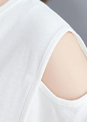 Chic white o neck cotton tunic top off the shoulder daily summer shirt - SooLinen