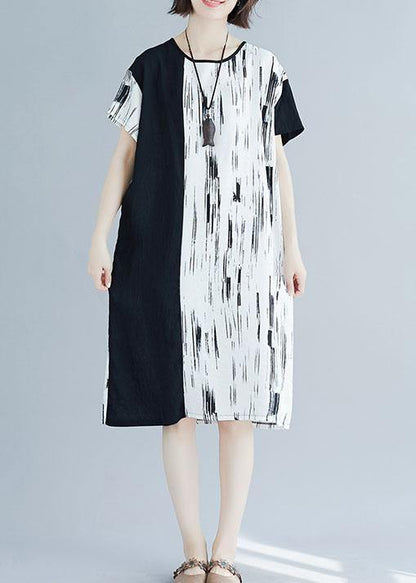 Chic white patchwork linen quilting clothes o neck Midi summer Dress - SooLinen