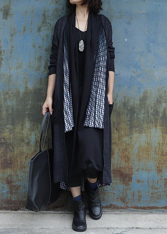 Chic Cinched Fine big pockets coats women blouses gray patchwork black gray oversized outwears - SooLinen