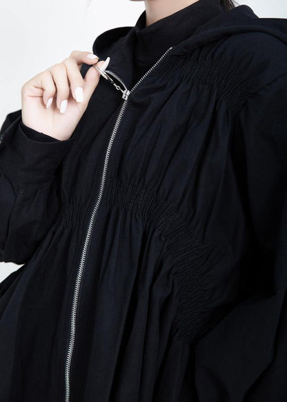 Chic Cinched Plus Size hooded maxi coat black Midi coat - SooLinen