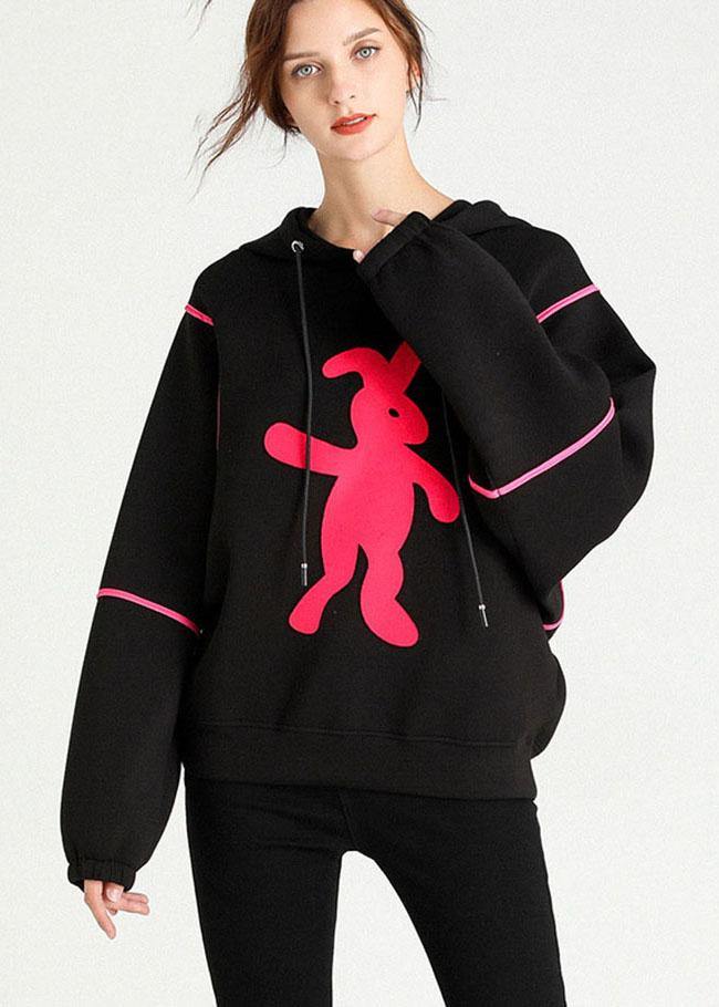 Chic Black Print Loose Hooded Fall Pullover Street Wear - SooLinen