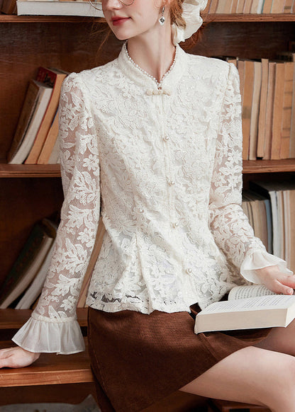 Chinese Style Apricot Stand Collar Button Lace Shirt Flare Sleeve