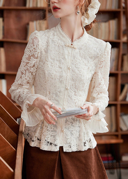 Chinese Style Apricot Stand Collar Button Lace Shirt Flare Sleeve