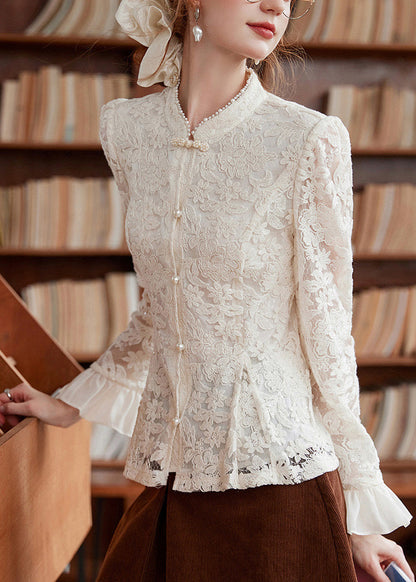 Chinese Style Apricot Stand Collar Button Lace Shirt Flare Sleeve