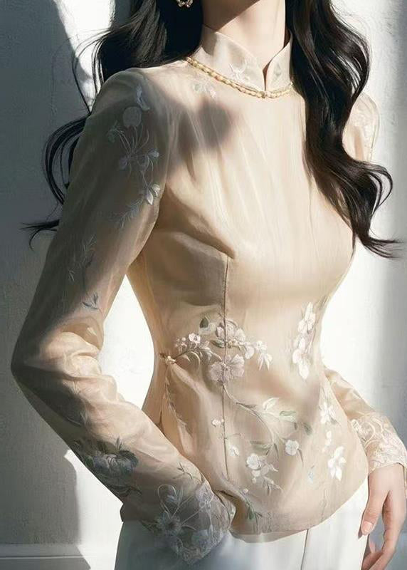 Top de tul fino bordado con cuello alto de albaricoque estilo chino para primavera
