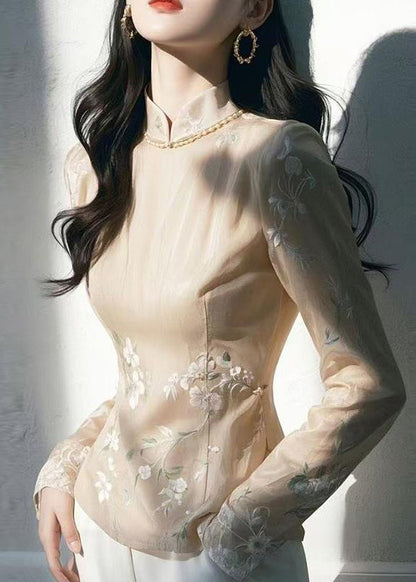 Top de tul fino bordado con cuello alto de albaricoque estilo chino para primavera