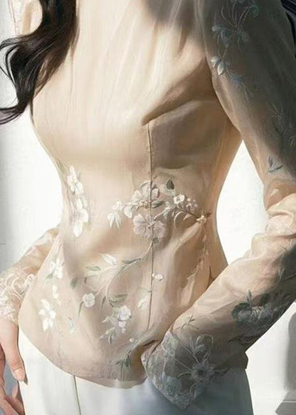 Top de tul fino bordado con cuello alto de albaricoque estilo chino para primavera