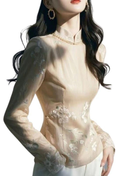 Top de tul fino bordado con cuello alto de albaricoque estilo chino para primavera