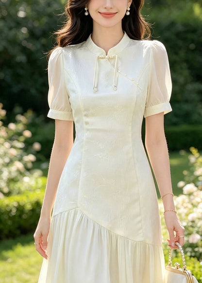 Chinese Style Apricot Stand Collar Patchwork Maxi Dress Summer