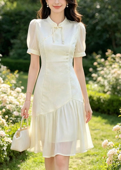 Chinese Style Apricot Stand Collar Patchwork Maxi Dress Summer