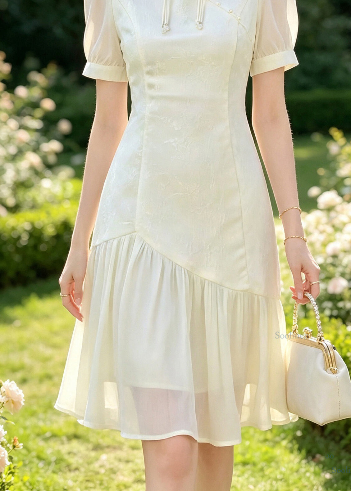 Chinese Style Apricot Stand Collar Patchwork Maxi Dress Summer