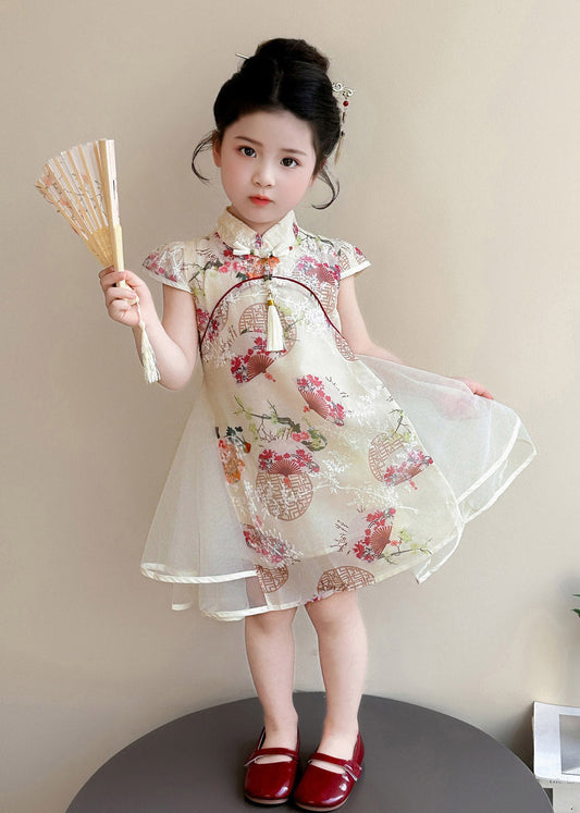 Chinese Style Apricot Stand Collar Print Tulle Kids Long Dresses Short Sleeve