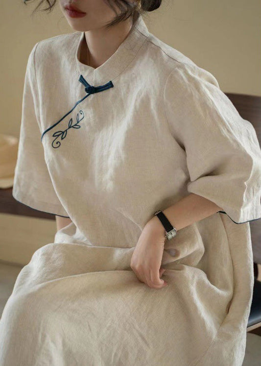 Chinese Style Apricot Stand Collar Tie Waist Long Dress Fall