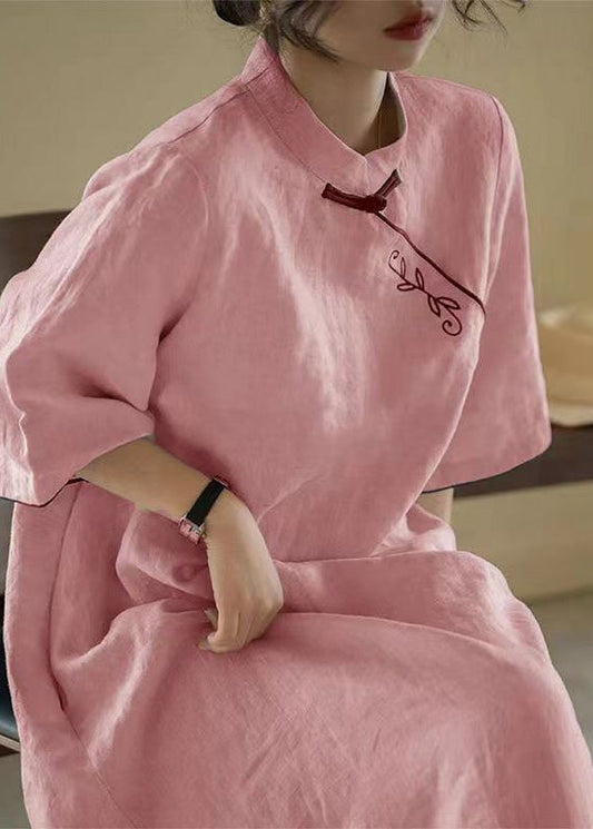 Chinese Style Apricot Stand Collar Tie Waist Long Dress Fall