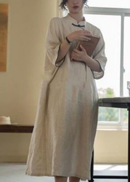 Chinese Style Apricot Stand Collar Tie Waist Long Dress Fall