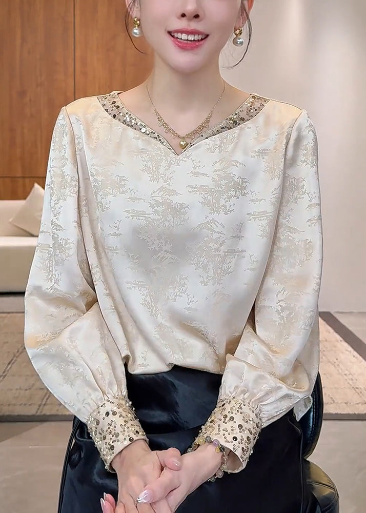 Chinese Style Apricot V Neck Silk Top Fall