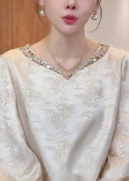 Chinese Style Apricot V Neck Silk Top Fall