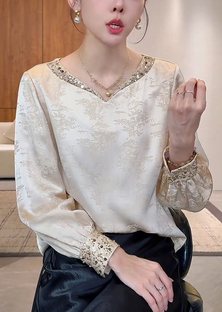 Chinese Style Apricot V Neck Silk Top Fall