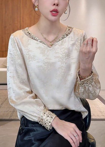 Chinese Style Apricot V Neck Silk Top Fall