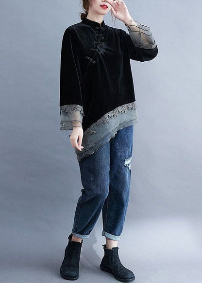 Chinese Style Black Asymmetrical Button Patchwork Silk Velour Blouses Spring