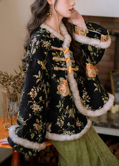 Winterparka im chinesischen Stil mit schwarzer Knopfleiste und warmem Fleece