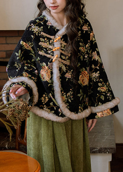 Winterparka im chinesischen Stil mit schwarzer Knopfleiste und warmem Fleece