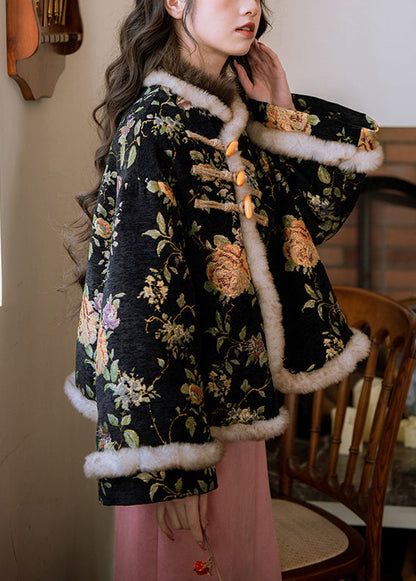 Winterparka im chinesischen Stil mit schwarzer Knopfleiste und warmem Fleece