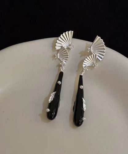 Chinese Style Black Copper Dripping Glaze Sector Drop Earrings