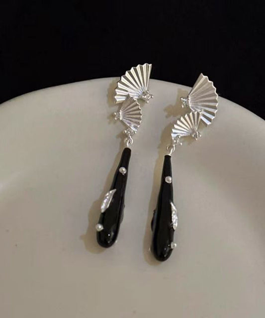 Chinese Style Black Copper Dripping Glaze Sector Drop Earrings