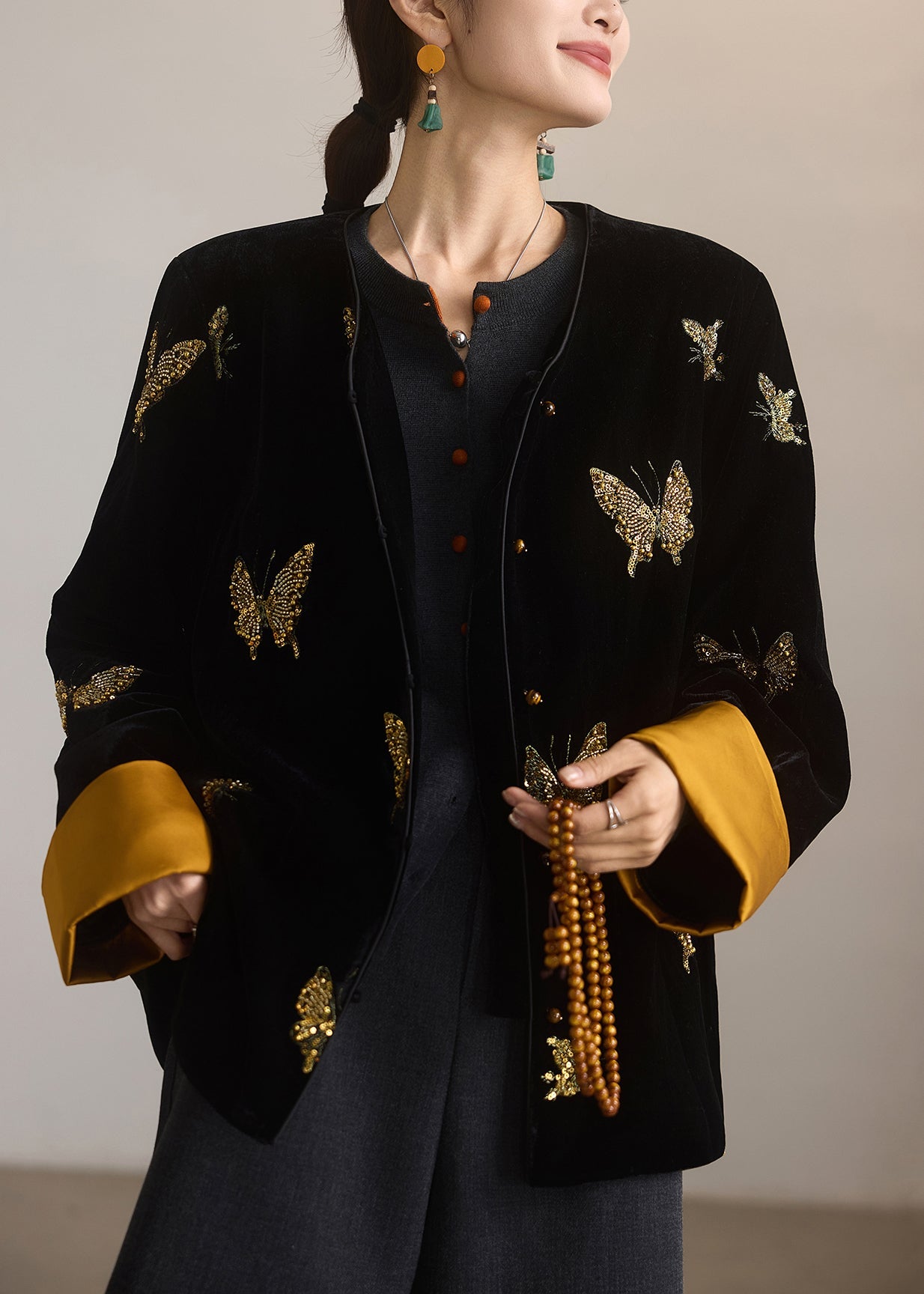 Chinese Style Black Embroidered Butterfly Silk Velvet Coat Spring