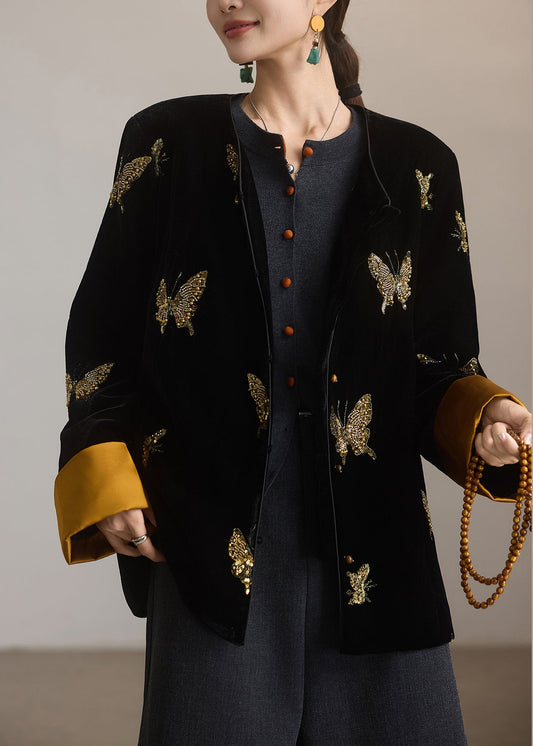 Chinese Style Black Embroidered Butterfly Silk Velvet Coat Spring