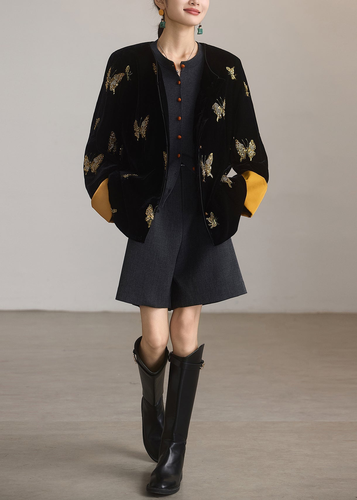 Chinese Style Black Embroidered Butterfly Silk Velvet Coat Spring