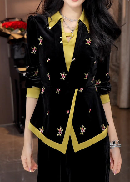 Chinese Style Black Embroidered Chiffon Shirt Tops Spring