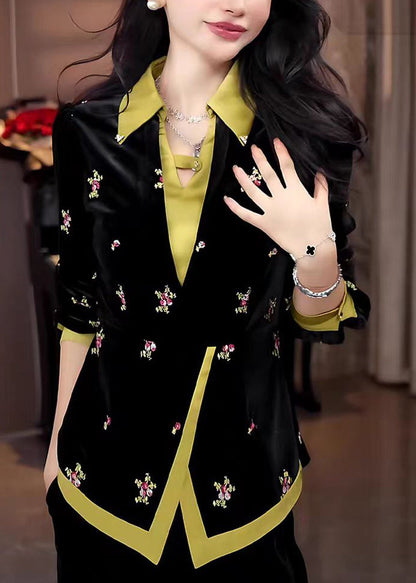 Chinese Style Black Embroidered Chiffon Shirt Tops Spring