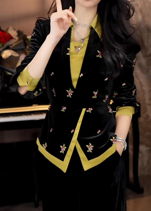Chinese Style Black Embroidered Chiffon Shirt Tops Spring