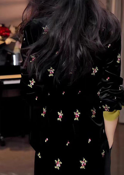 Chinese Style Black Embroidered Chiffon Shirt Tops Spring