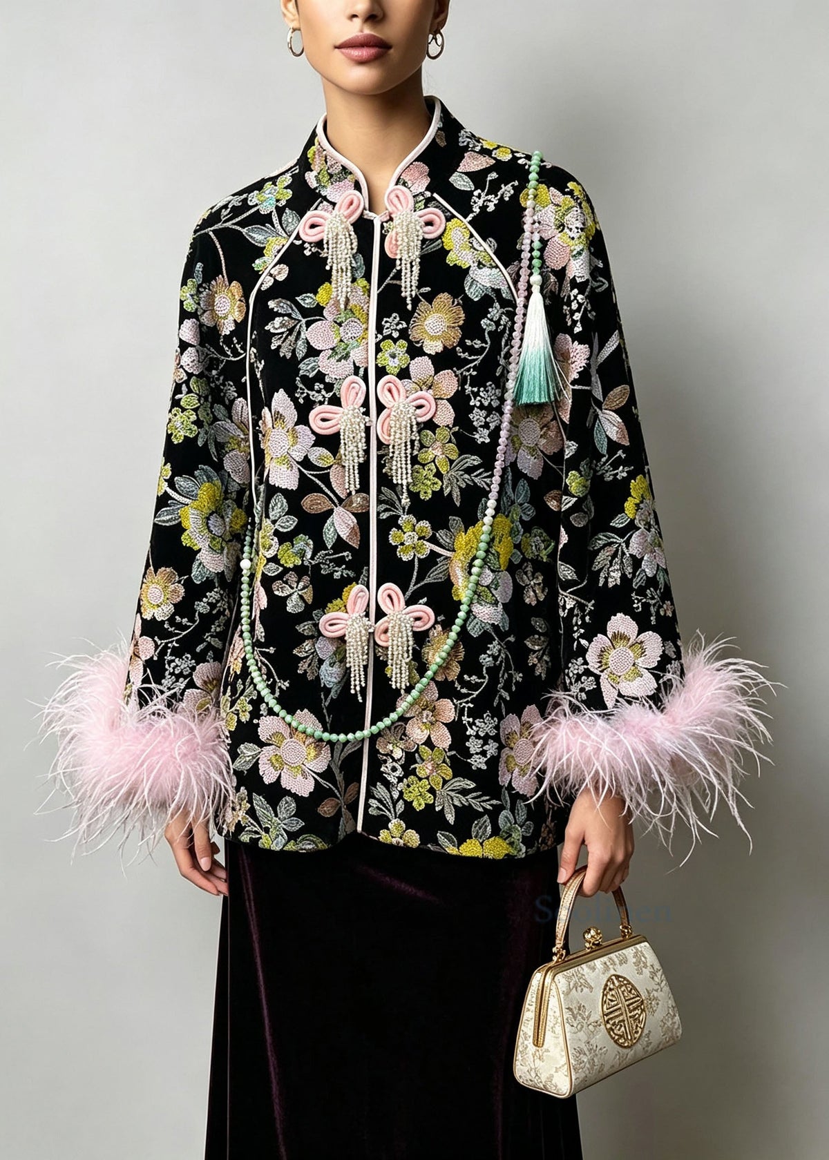 Chinese Style Black Embroidered Fine Cotton Filled Coat Winter