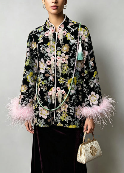Chinese Style Black Embroidered Fine Cotton Filled Coat Winter