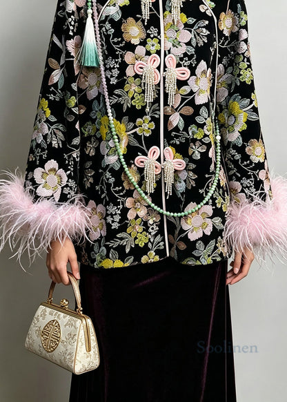 Chinese Style Black Embroidered Fine Cotton Filled Coat Winter