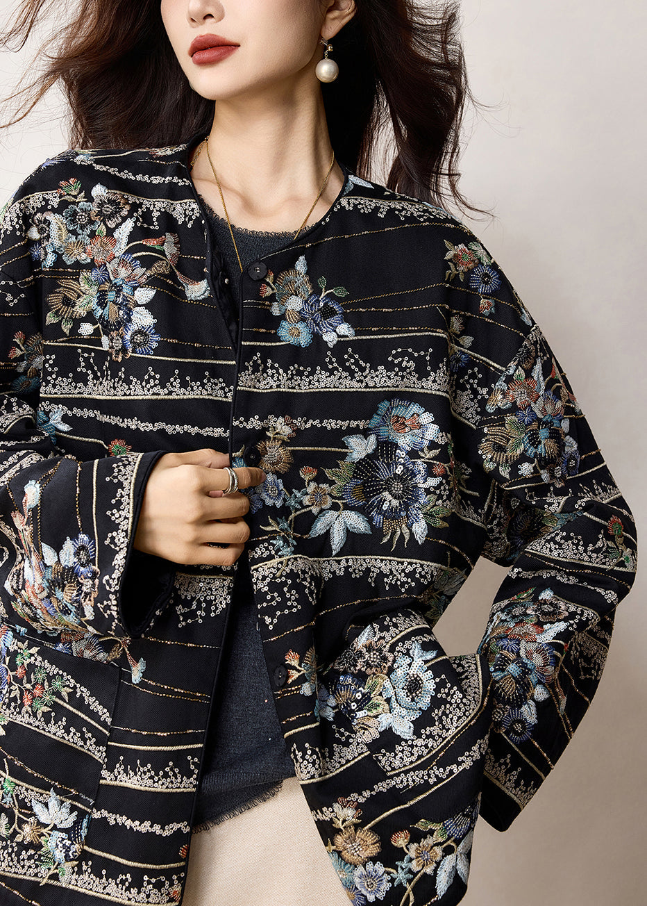 Schwarzer, bestickter Pailletten-Baumwollmantel im chinesischen Stil für den Frühling