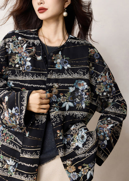 Schwarzer, bestickter Pailletten-Baumwollmantel im chinesischen Stil für den Frühling