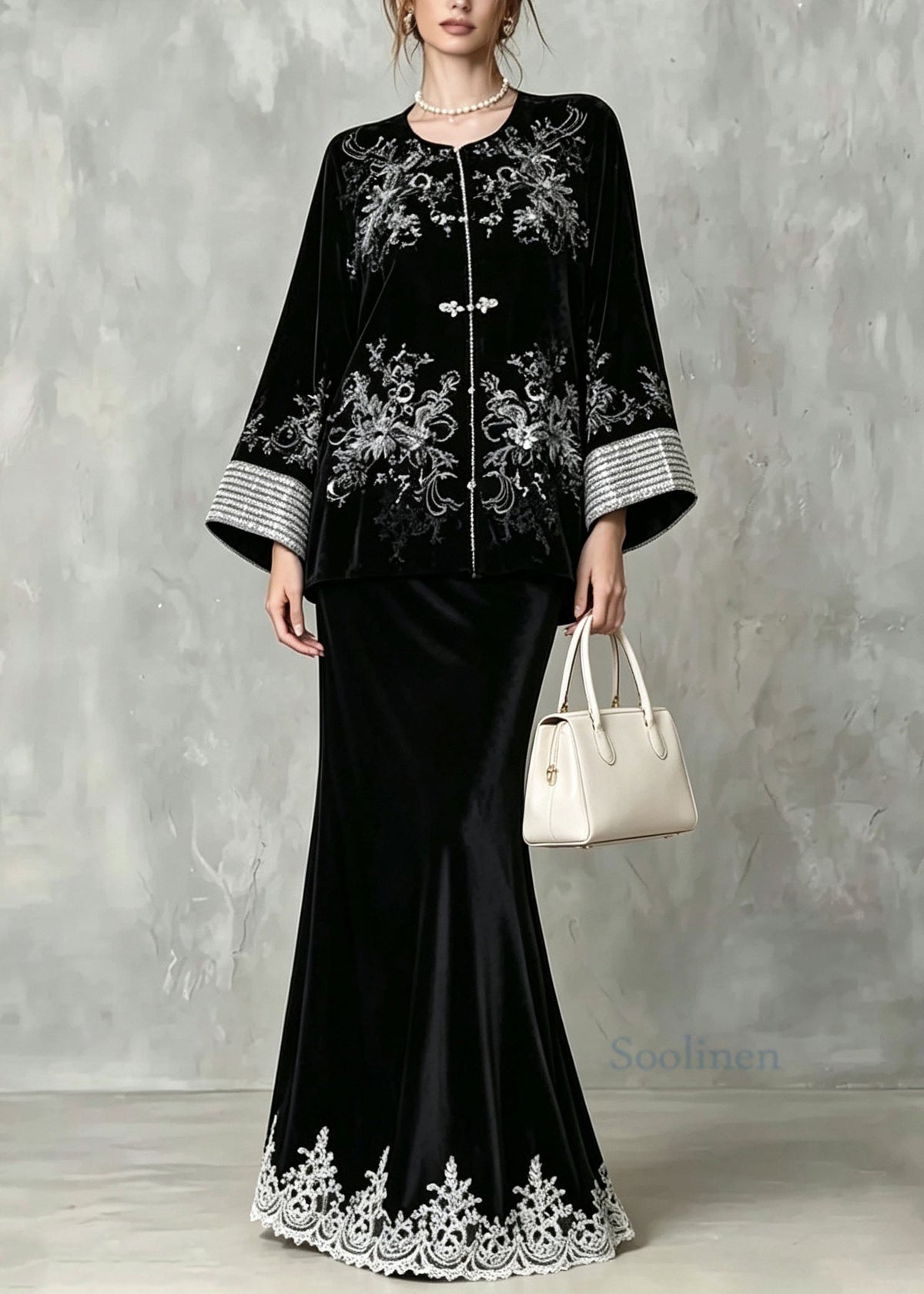 Chinese Style Black Embroidered Sequins Velvet 3 Piece Outfit Fall