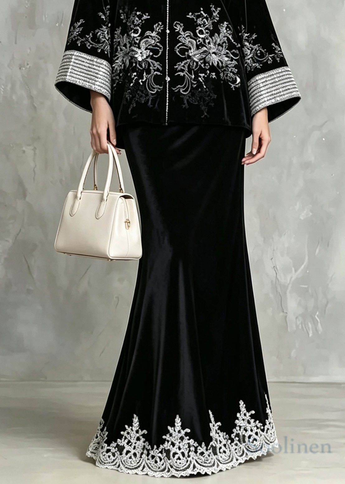 Chinese Style Black Embroidered Sequins Velvet 3 Piece Outfit Fall