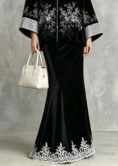 Chinese Style Black Embroidered Sequins Velvet 3 Piece Outfit Fall