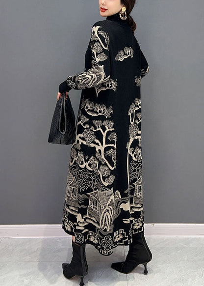 Chinesischen Stil Schwarz Hign Neck Print Strickkleider Winter