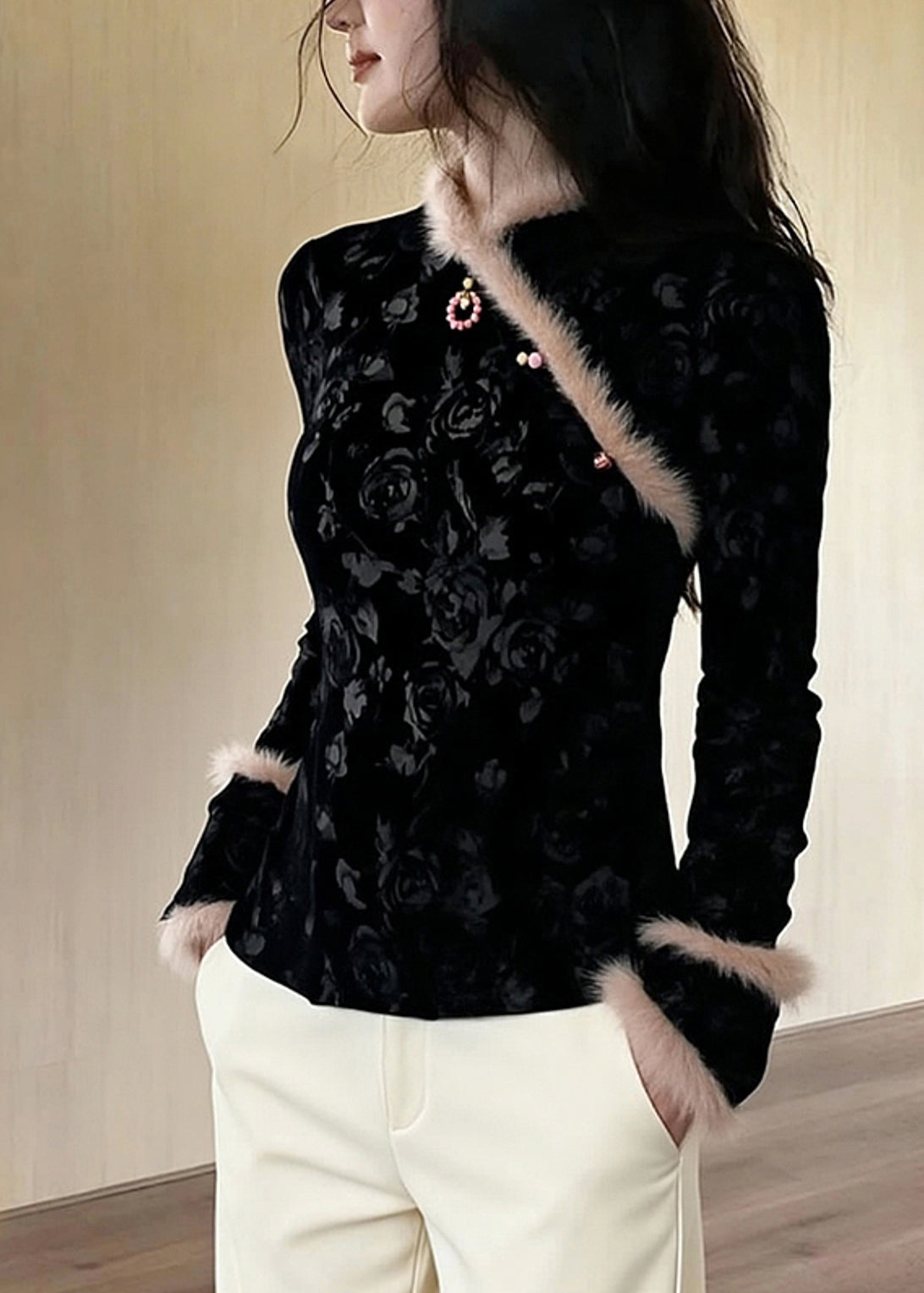 Chinese Style Black Jacquard Patchwork Faux Fur Blouses Winter